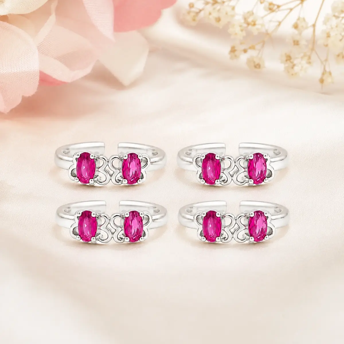 925 Sterling Silver Toe Ring Pair Of 2 Pink Stone Elegant Design For Women